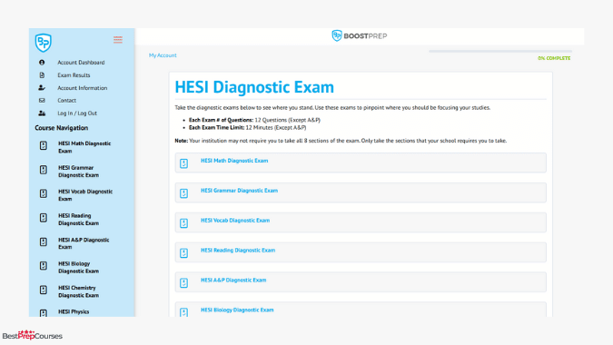 A screenshot of the BoostPrep HESI diagnostic exam