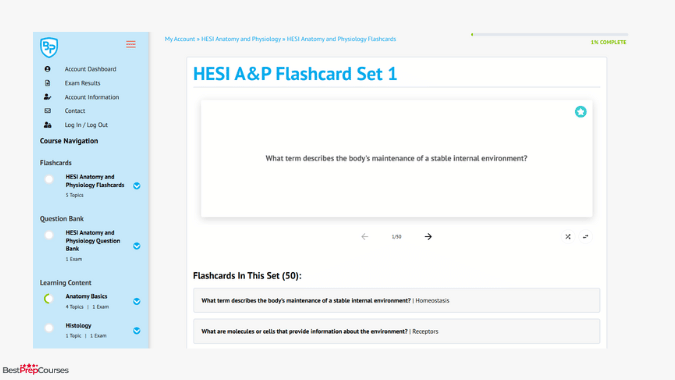 A screenshot of the flashcards from the BoostPrep HESI course
