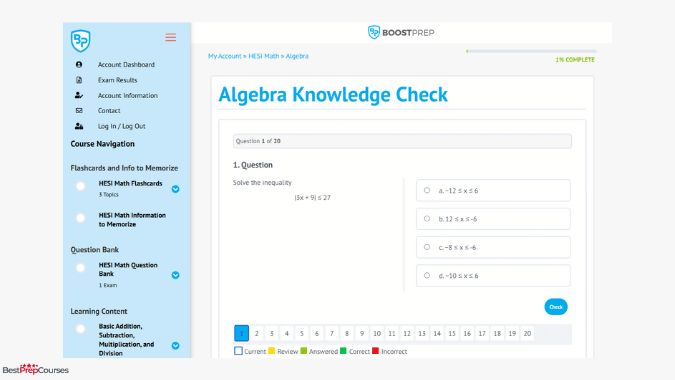 A screenshot of a knowledge check exam from the BoostPrep HESI course