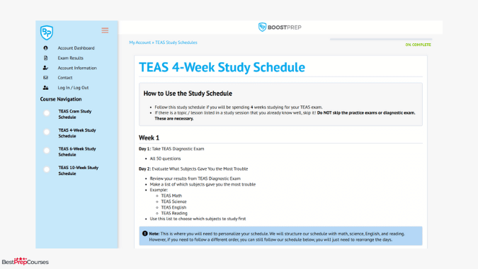 A screenshot of a study schedule from the BoostPrep TEAS prep course