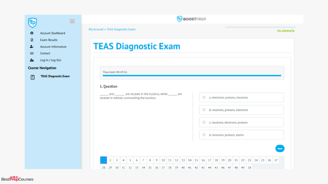A screenshot of the diagnostic exam from the BoostPrep TEAS prep course