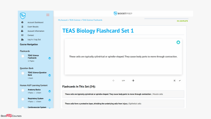 A screenshot of the flashcards from the BoostPrep TEAS prep course
