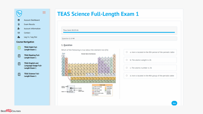 A screenshot of a full-length exam from the BoostPrep TEAS prep course