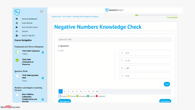 A screenshot of a knowledge check exam from the BoostPrep TEAS prep course