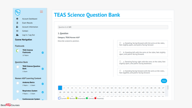 A screenshot of a question bank from the BoostPrep TEAS prep course