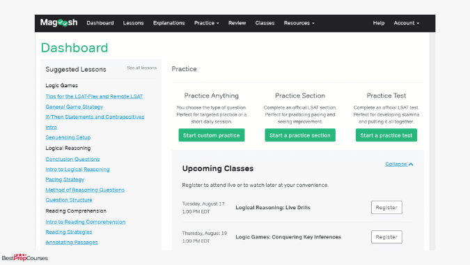 An example from the Magoosh LSAT course showing their dashboard