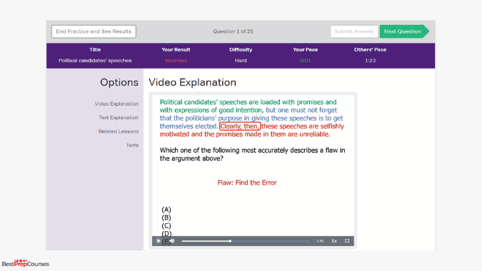 An example of a video answer explanation from the Magoosh LSAT course