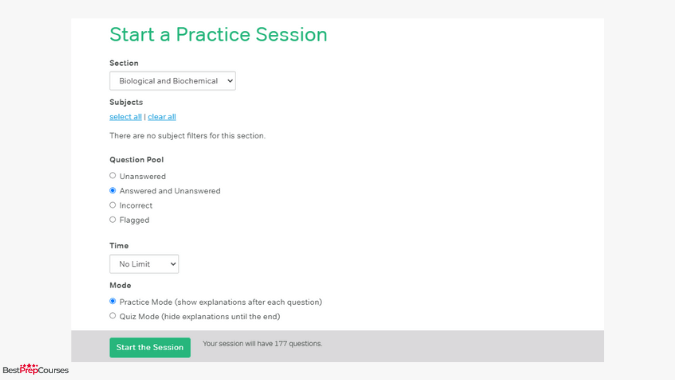 A screenshot from the Magoosh MCAT course showing the practice session builder