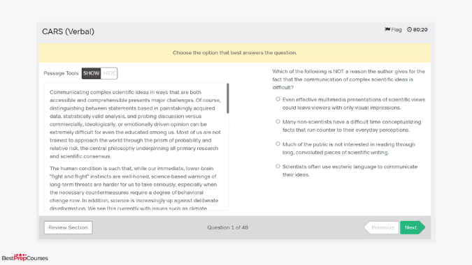 An image showing a practice exam from the Magoosh MCAT prep course