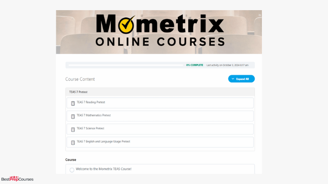A screenshot from the Mometrix TEAS course showing the dashboard