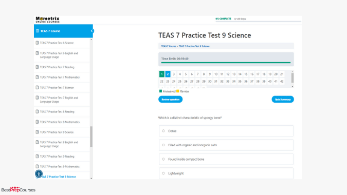A screenshot from the Mometrix TEAS course showing a practice exam