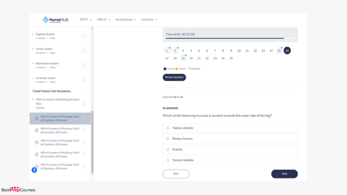 A screenshot from the NurseHub TEAS course showing a practice exam
