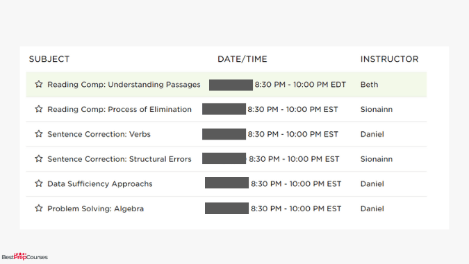 A screenshot from the Princeton Review GMAT course showing the LiveOnline classroom hours