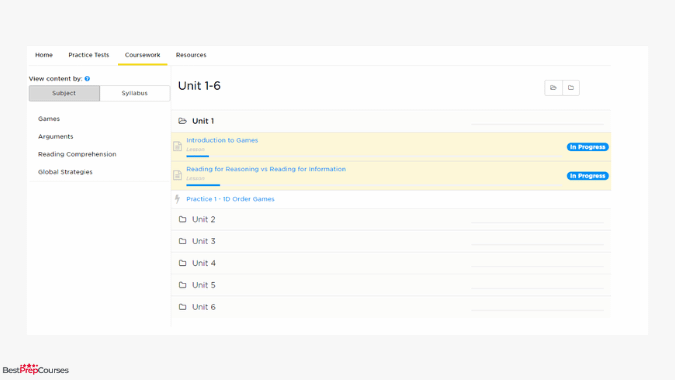 A screenshot from the Princeton Review LSAT course showing the user interface