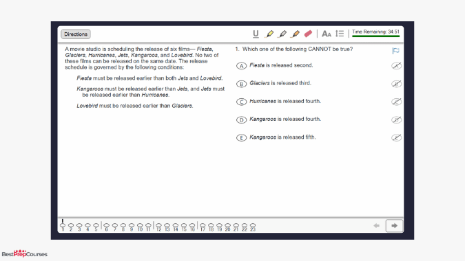 A screenshot from the Princeton Review LSAT course showing a practice test