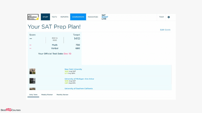 A screenshot from the Princeton Review SAT course showing the prep plan